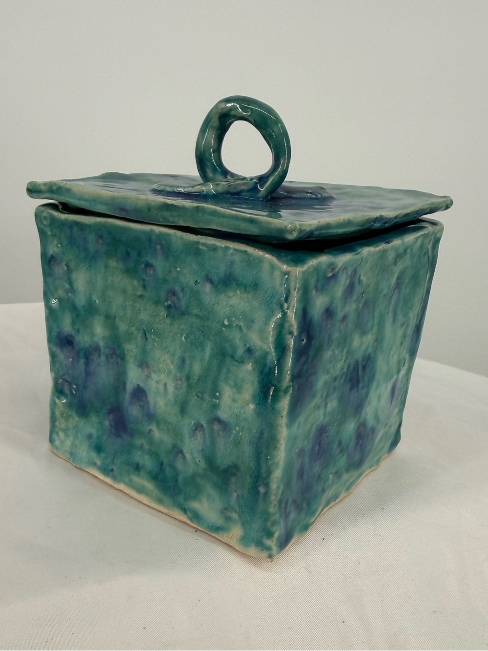Handmade Ceramic Box Lidded Teal Blue Green Glaze Artisan Pottery Trinket Cube